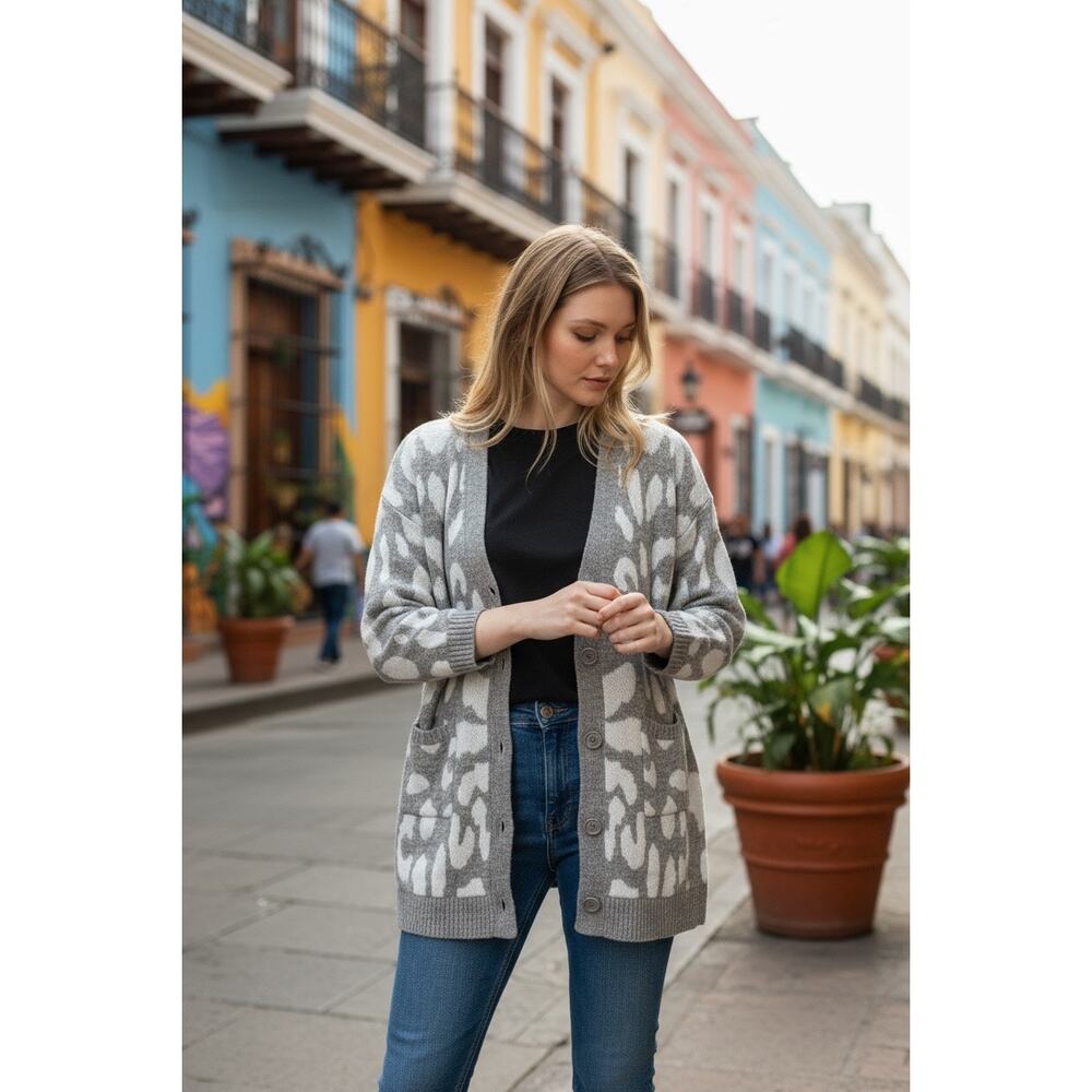 Very J Animal Print Button Down Cardigan Sweater Gray Size‎ Large
